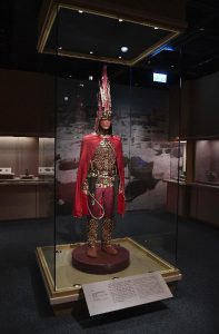 Replica of the clothing and weaponry of the "Golden Man", 4th century BC. Collection of National Museum of the Republic of Kazakhstan