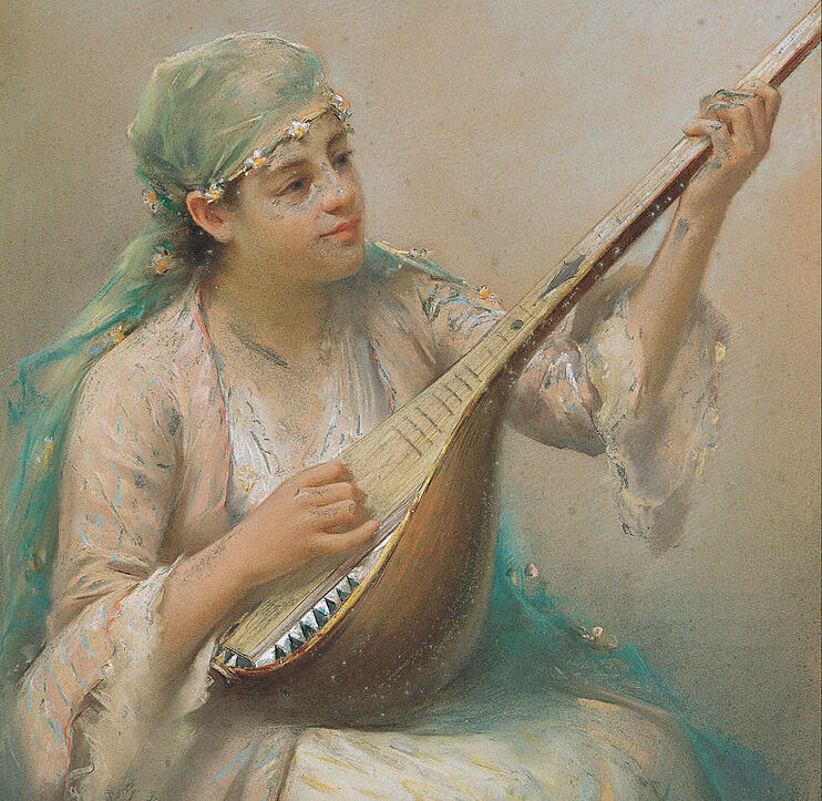 Detail: Woman Playing a String Instrument, Fausto Zenaro, ca 1900 (Pera Museum, via Wikimedia Commons)